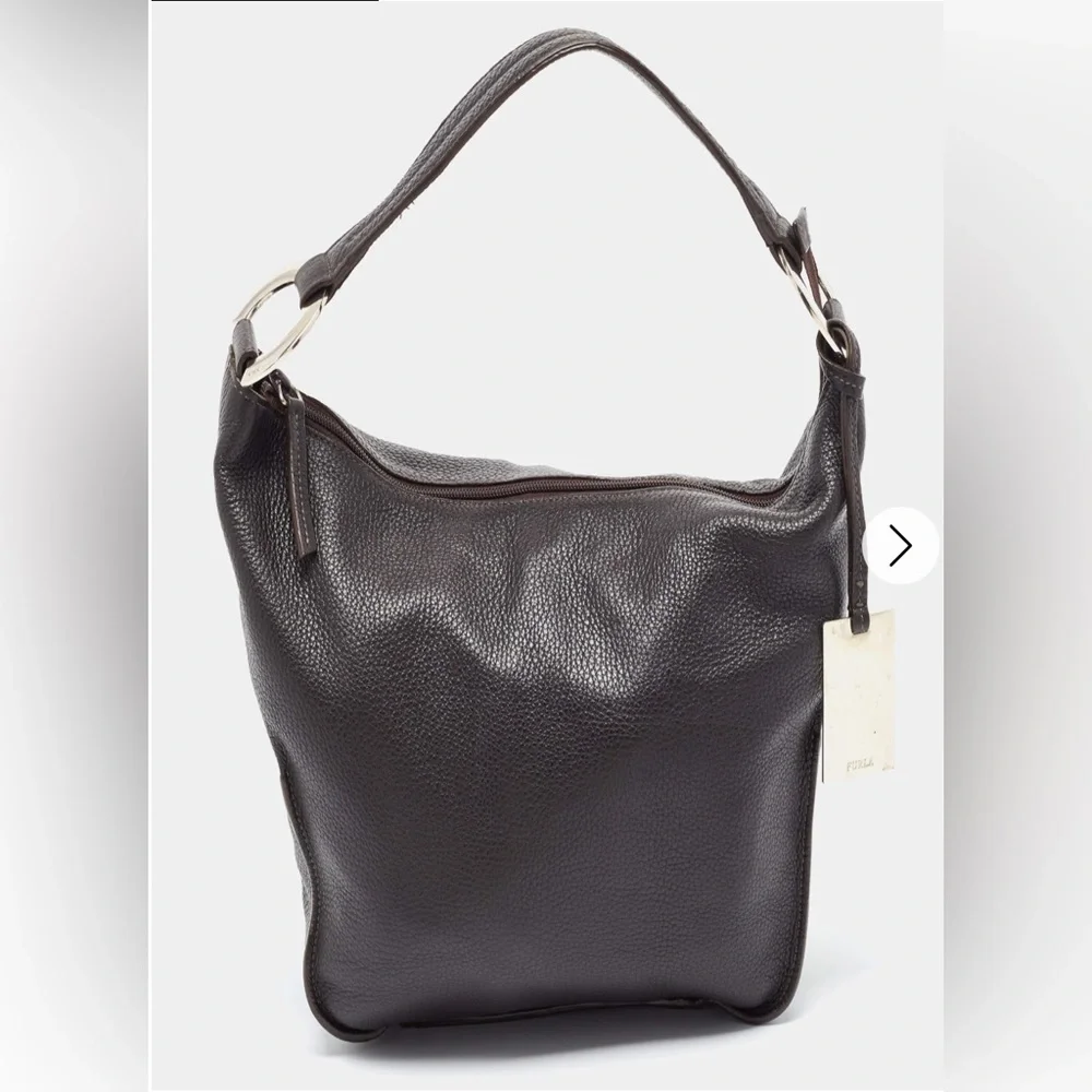 Furla Dark Brown Grained Leather Ring Handle Hobo
